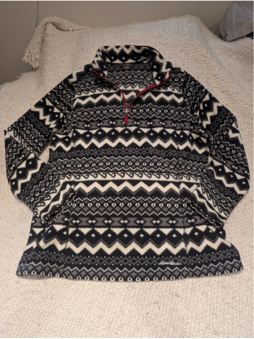 Women's Eddie Bauer Fleece Pullover XL Black White Patterned Quarter Zip